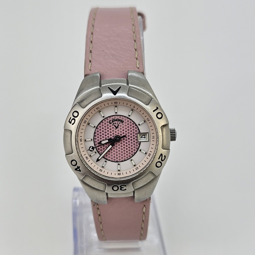 Callaway Golf Watch Women's 28MM Pink Dial Date Pink Leather Bands New Battery‎